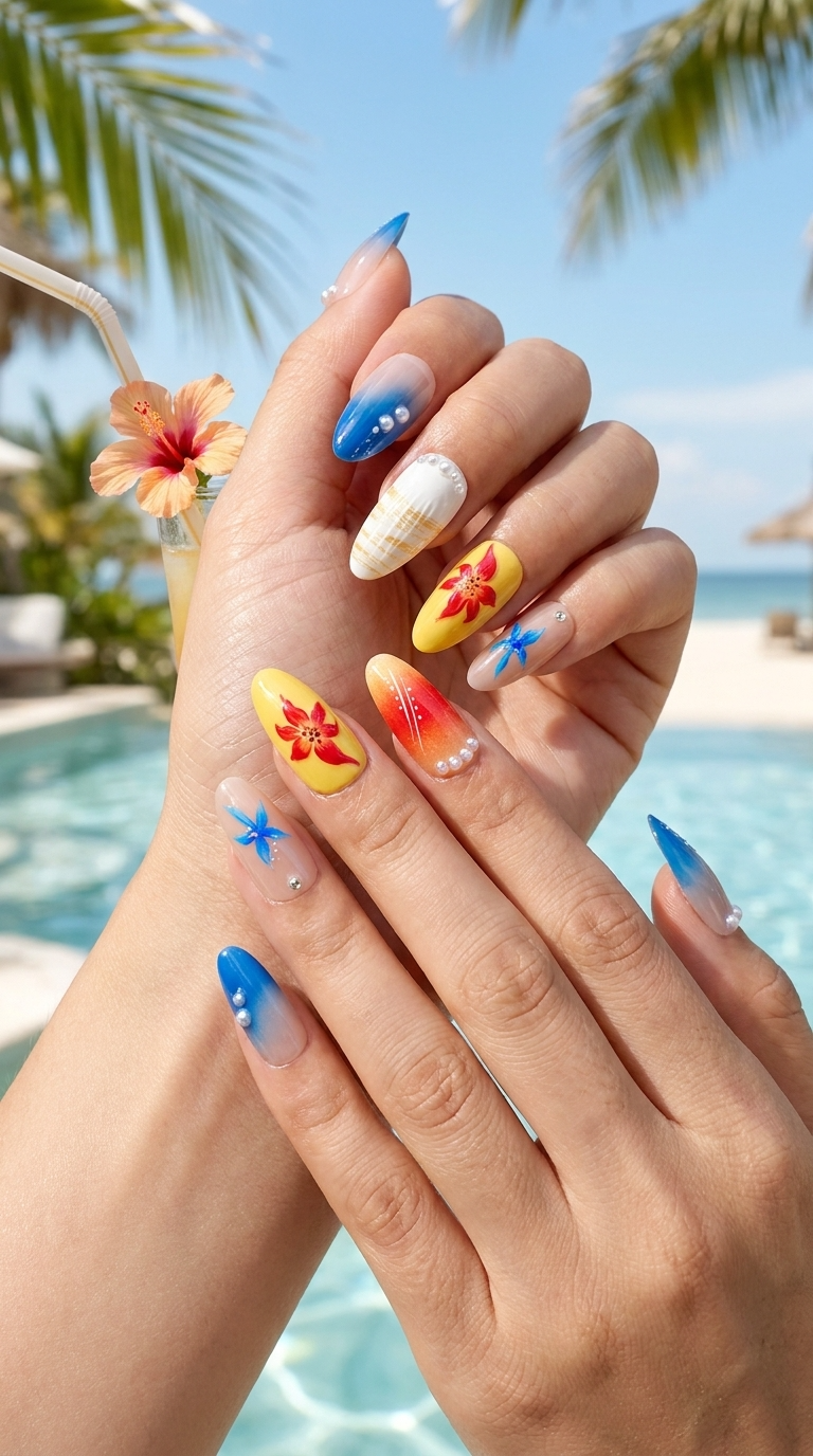 Luxury Tropical Hibiscus & Ombre Press-On Nails, Handmade Summer Beach Fake Nails, Reusable High-End Designer Press Ons for Women, Vacation Chic False Nails for Pool Party & Bridal Wear