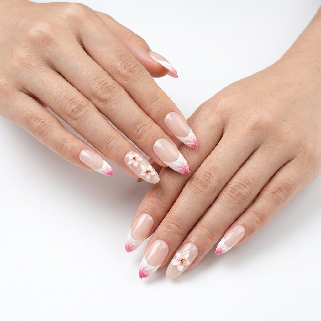 Sheer Floral French Nails: Romantic Pink Plumeria Edition