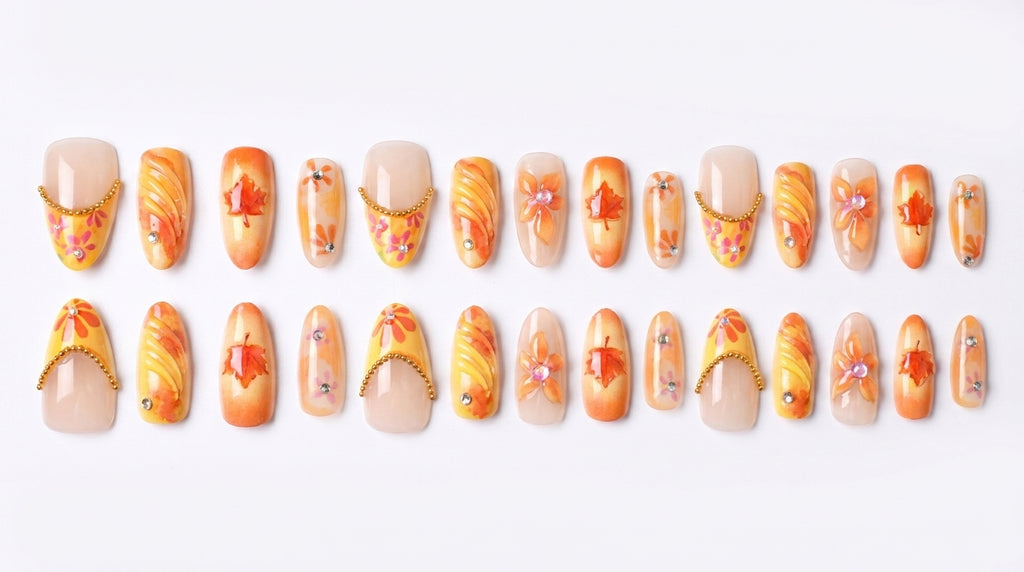 Warm Orange Fall Maple Leaf Press-On Nails | Gold Chain