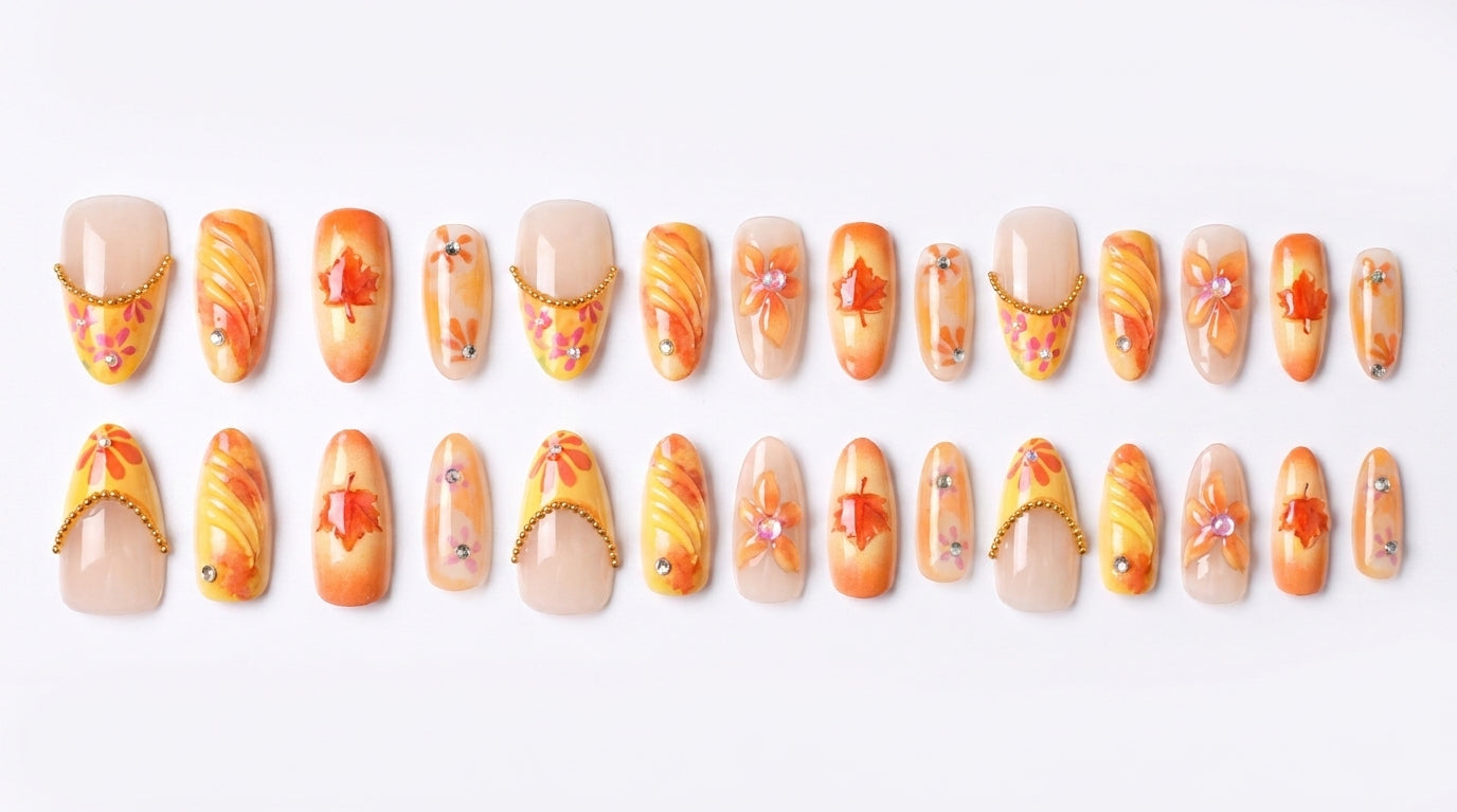 Warm Orange Fall Maple Leaf Press-On Nails | Gold Chain