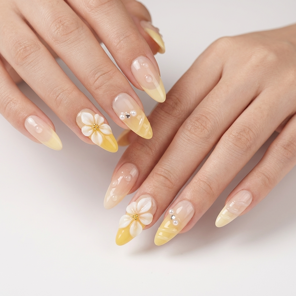3D Plumeria Flower Press-On Nails | Yellow Gradient & Pearl