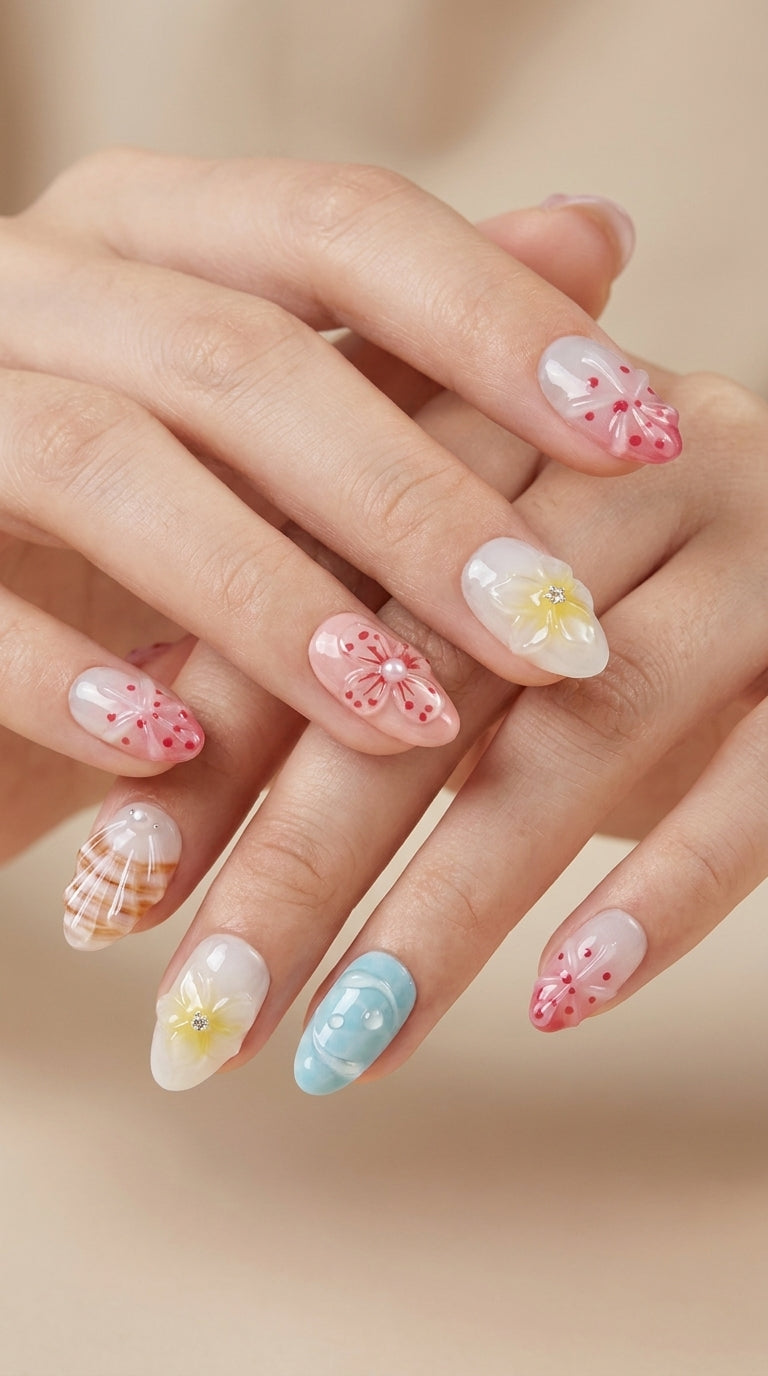 Minimalist Luxury 3D Seashell & Flower Press-Ons, Handmade Summer Ocean Fake Nails, Reusable Romantic Nail Art for Modern Women, Pool Party & Bridal Wear