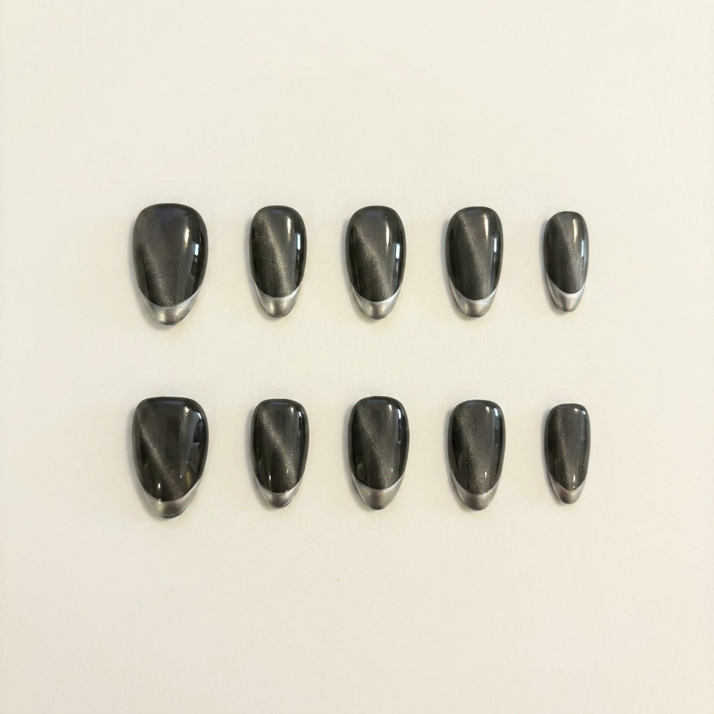 Dark Gray Cat Eye Silver Metal French Tip Press-On Nails, Minimal Glossy Reusable Fake Nails, Cool Tone Daily Press On Nails For Women