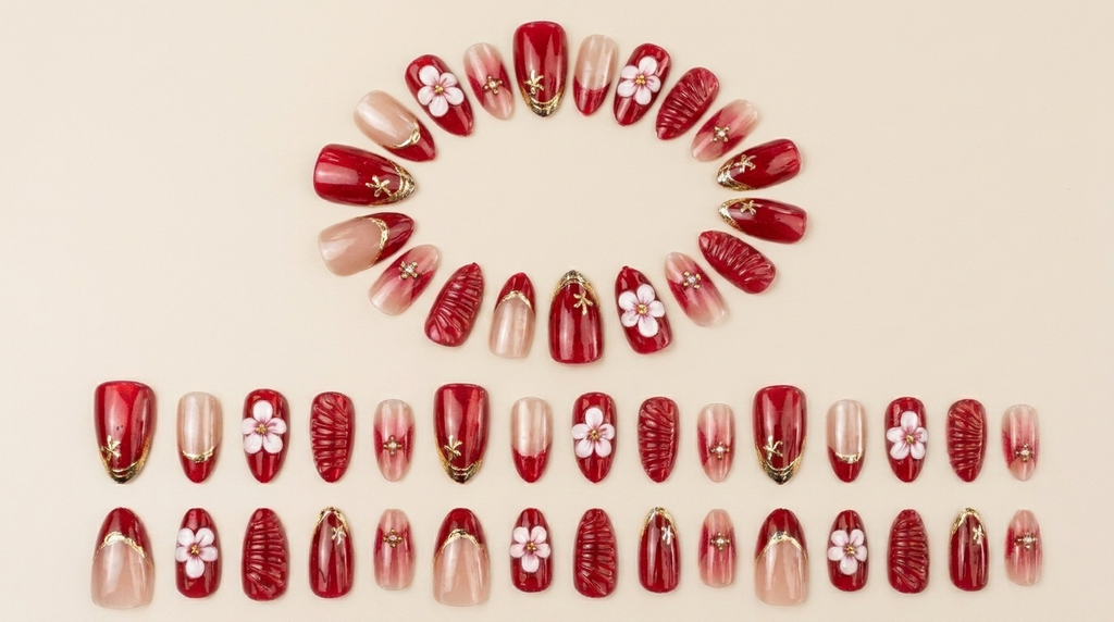 Luxury 3D Red Floral & Gold Press-On Nails, Handmade Romantic Red Nude Fake Nails, Reusable High-End Designer Press Ons for Women, Elegant Chic False Nails for Bridal & Holiday Wear