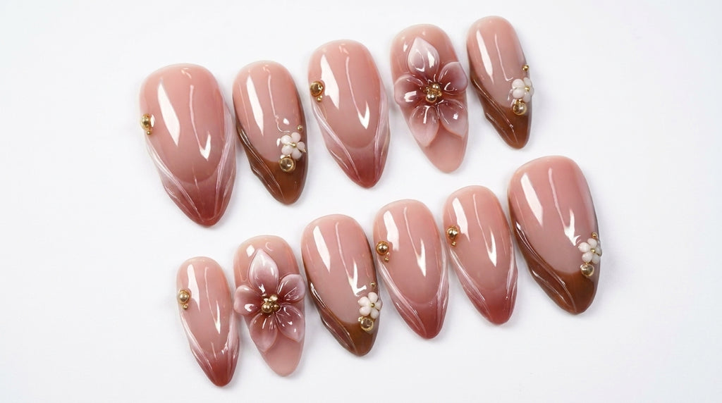 Handmade 3D Nude Flower Press-On Nails | Pink Gradient