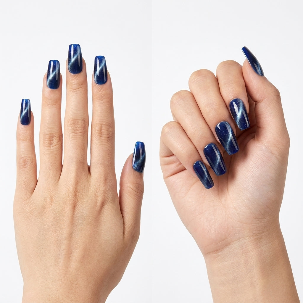 Glossy Deep Blue Cat Eye Press-On Nails | Shimmer Gradient