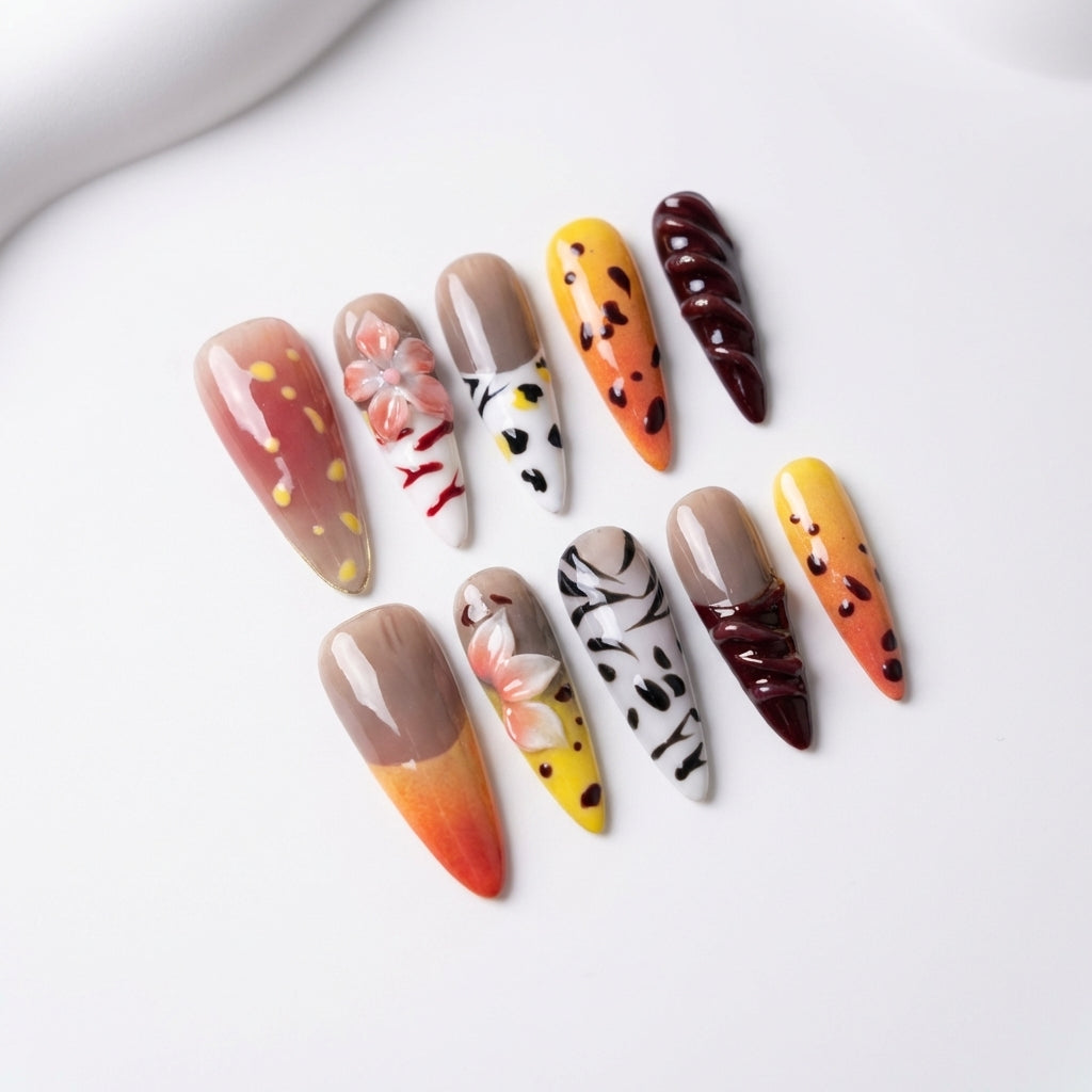 Y2K 3D Flower & Animal Print Press-Ons | Retro Leopard