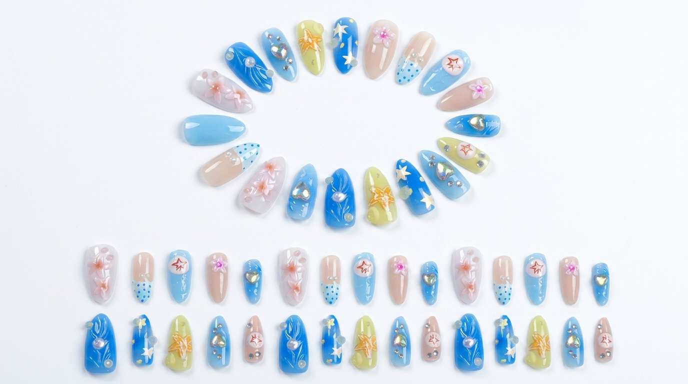 Luxury 3D Ocean Starfish & Heart Press-On Nails, Handmade Summer Blue Fake Nails, Reusable High-End Designer Press Ons for Women, Playful Chic False Nails for Beach & Daily Wear