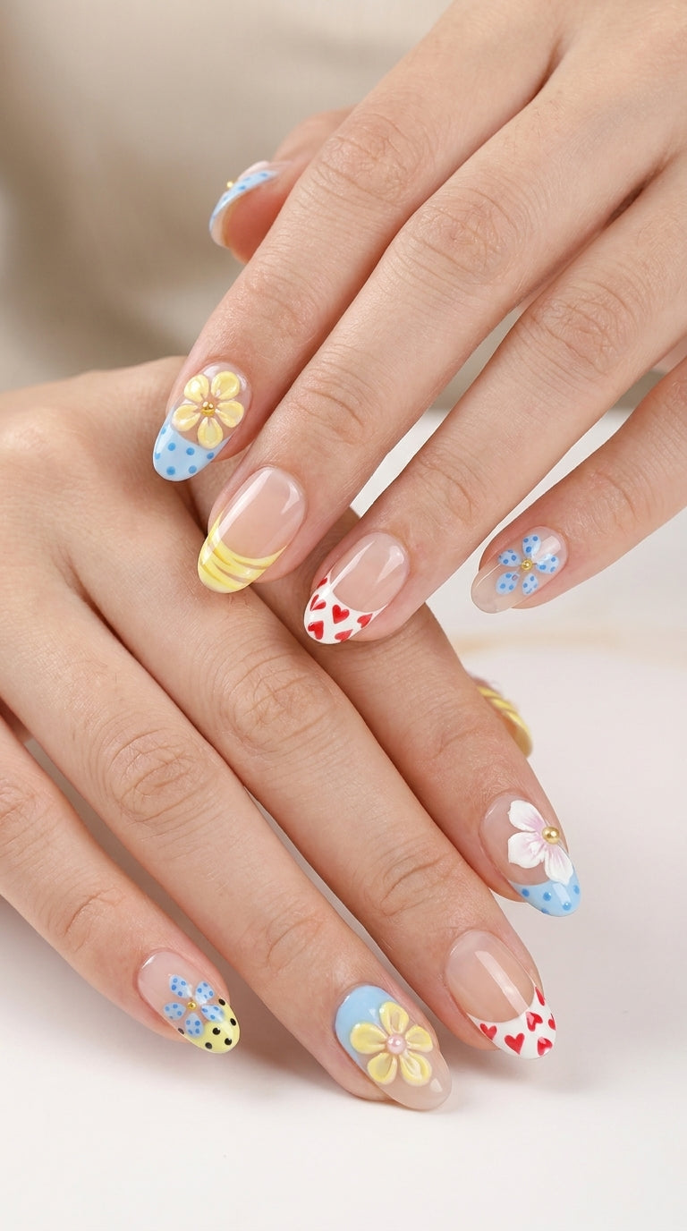 Minimalist Luxury Hand-Painted Floral Press-Ons, Handmade Cute Ladybug Summer Fake Nails, Reusable Fun Nail Art for Modern Women, Pool Party & Daily Wear