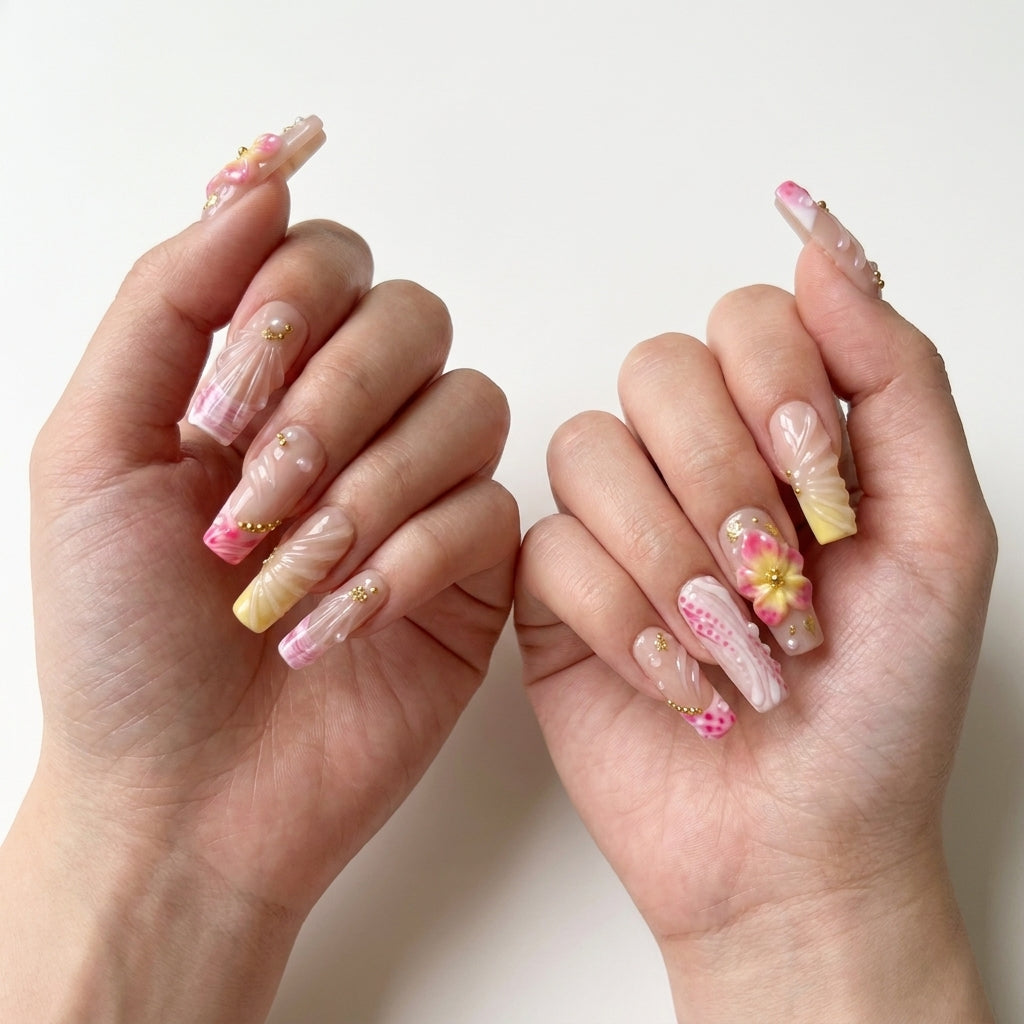 3D Pink Plumeria Press-On Nails | Kawaii Summer Lace