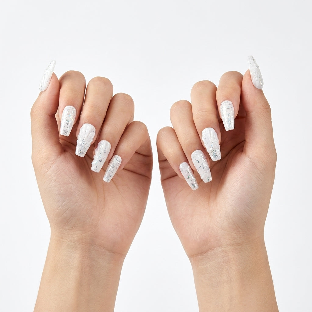 Handmade 3D Textured Press-On Nails | Misty Gray & Silver Crystal Coffin