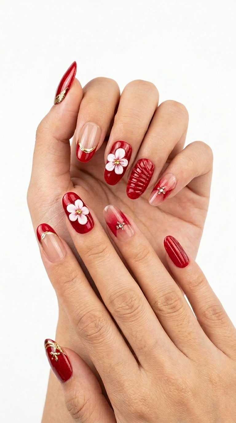 Luxury 3D Red Floral & Gold Press-On Nails, Handmade Romantic Red Nude Fake Nails, Reusable High-End Designer Press Ons for Women, Elegant Chic False Nails for Bridal & Holiday Wear
