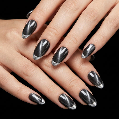 Dark Gray Cat Eye Silver Metal French Tip Press-On Nails, Minimal Glossy Reusable Fake Nails, Cool Tone Daily Press On Nails For Women