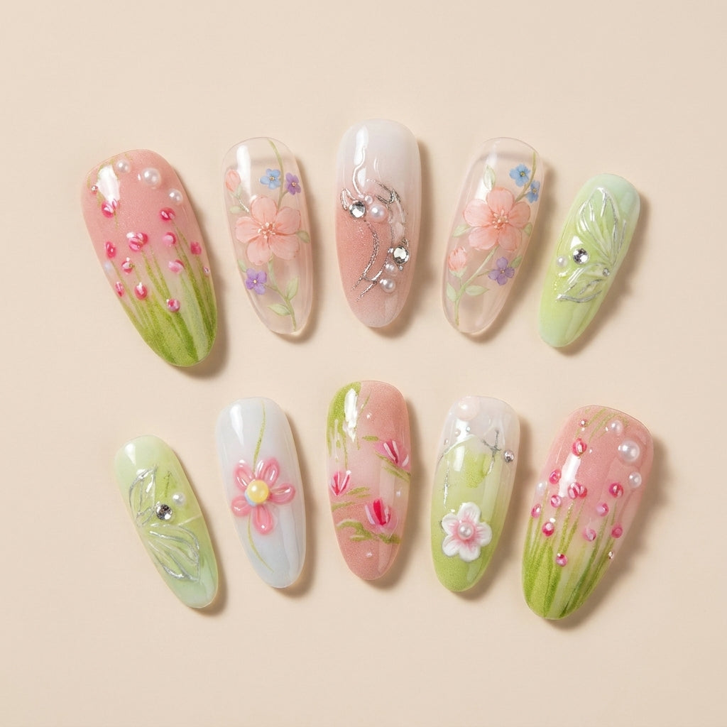 Luxury Hand-Painted 3D Flower Garden Press-On Nails, Handmade Green Pink Floral Fake Nails, Reusable High-End Designer Press Ons for Women, Romantic Spring Chic False Nails for Daily & Wedding Wear