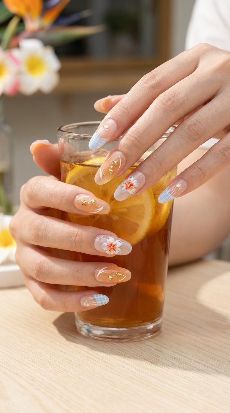 Premium Cherry Blossom Plaid Press-On Nails, Handcrafted Luxury Reusable Fake Nails, Designer Spring Floral Nail Art for US Women, Office & Bridal Shower Wear