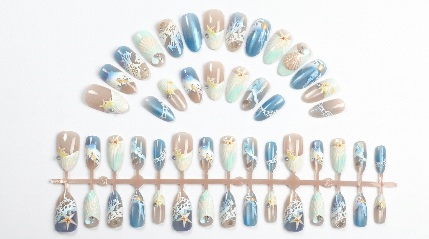 Luxury 3D Ocean Starfish & Heart Press-On Nails, Handmade Summer Blue Fake Nails, Reusable High-End Designer Press Ons for Women, Playful Chic False Nails for Beach & Daily Wear