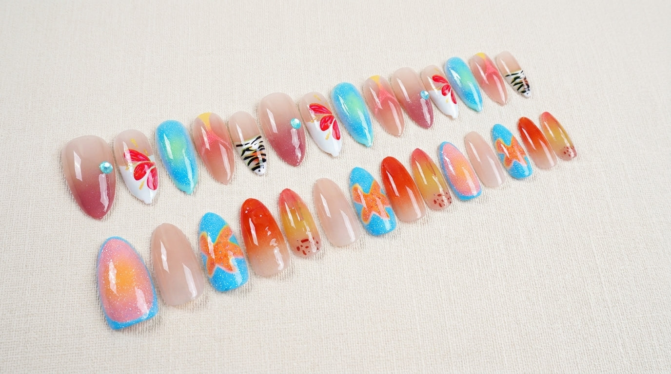 Luxury Tropical Starfish & Zebra Print Press-On Nails, Handmade Summer Ombre Fake Nails, Reusable High-End Designer Press Ons for Women, Beach Chic False Nails for Vacation & Daily Wear