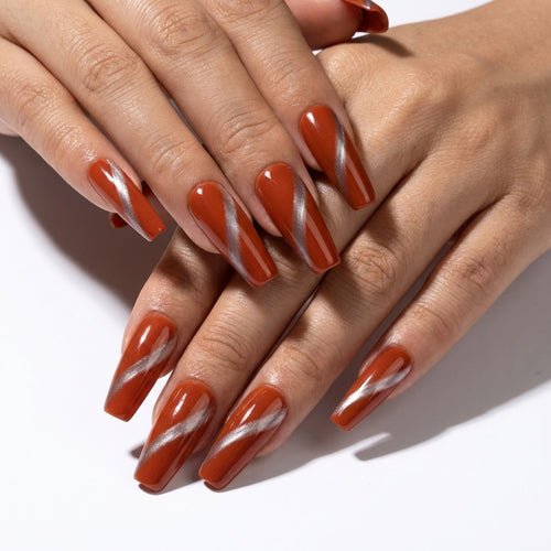 Glossy Burnt Orange Silver Swirl Press-On Nails, Minimalist Solid Color Reusable Fake Nails, Fall Daily Elegant Press On Nails For Women