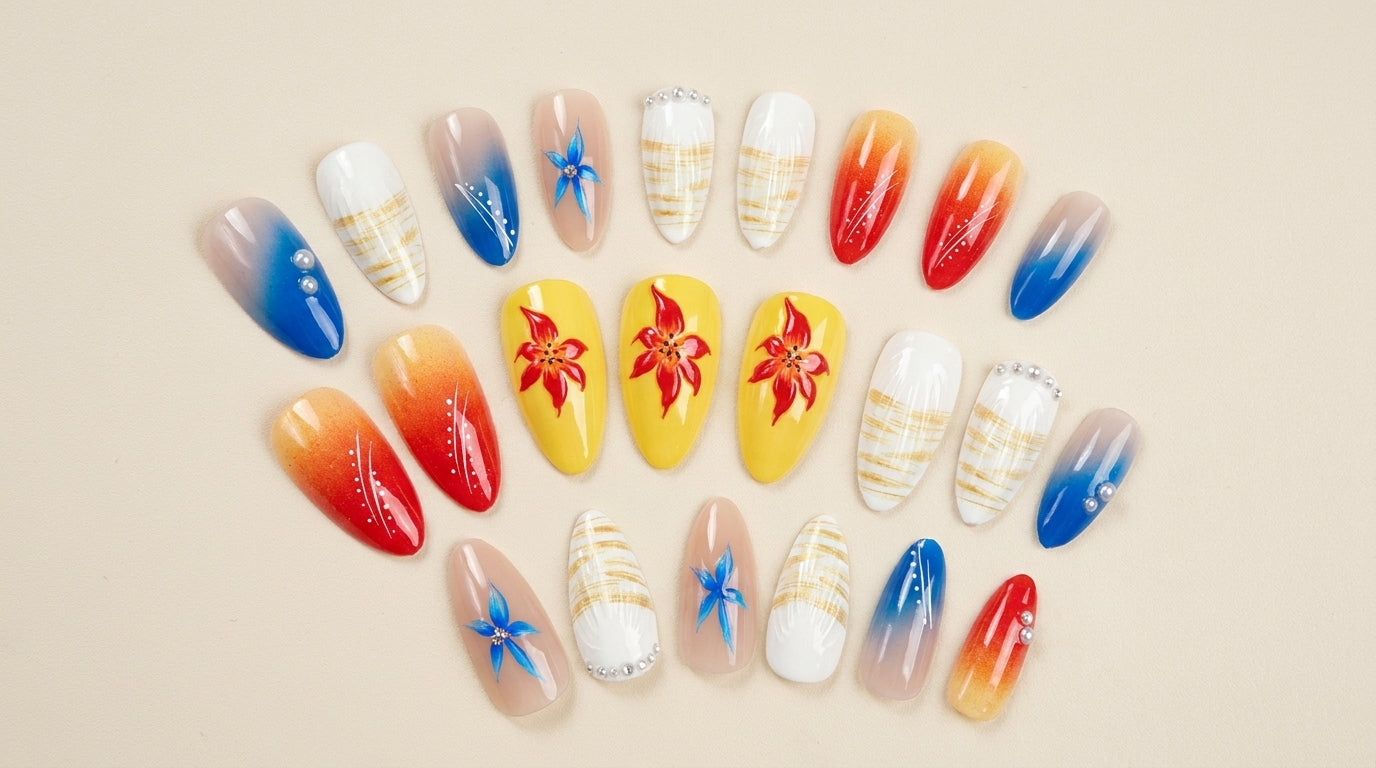 Luxury Tropical Hibiscus & Ombre Press-On Nails, Handmade Summer Beach Fake Nails, Reusable High-End Designer Press Ons for Women, Vacation Chic False Nails for Pool Party & Bridal Wear