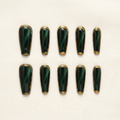 Dark Emerald Green Cat Eye Gold Border Press-On Nails, Glossy Long Coffin Reusable Fake Nails, Luxury Vintage Elegant Press On Nails For Women