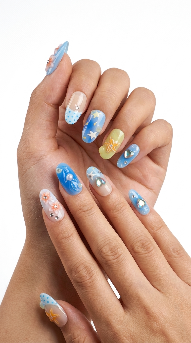 Luxury 3D Ocean Starfish & Heart Press-On Nails, Handmade Summer Blue Fake Nails, Reusable High-End Designer Press Ons for Women, Playful Chic False Nails for Beach & Daily Wear