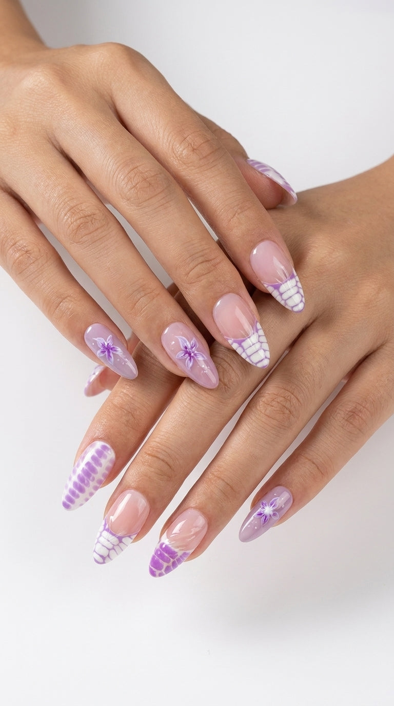 Luxury Purple Snake Print & Flower Press-On Nails, Handmade Nude Edgy Fake Nails, Reusable High-End Designer Press Ons for Women, Bold Chic False Nails for Party & Daily Wear