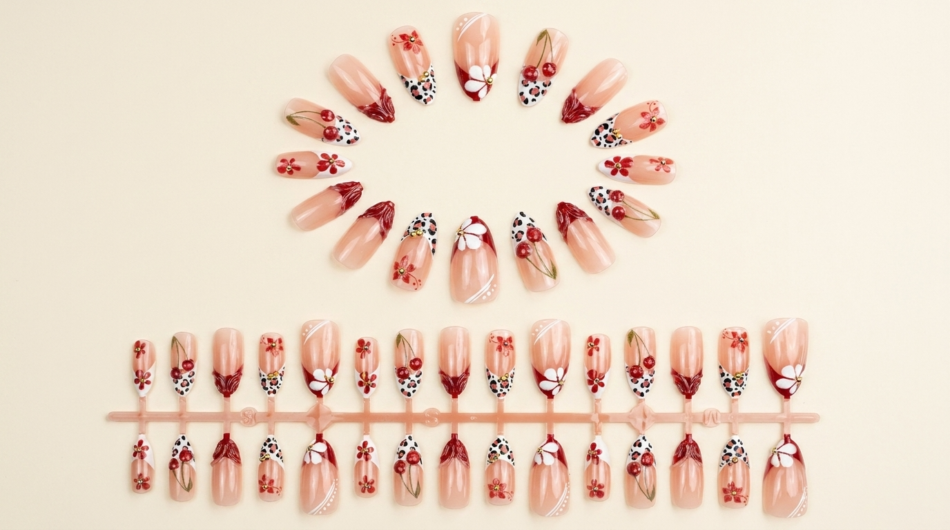 Luxury Hand-Painted Cherry & Floral Press-On Nails, Handmade Nude Red Leopard Print Fake Nails, Reusable High-End Designer Press Ons for Women, Sweet Chic False Nails for Summer & Bridal Wear
