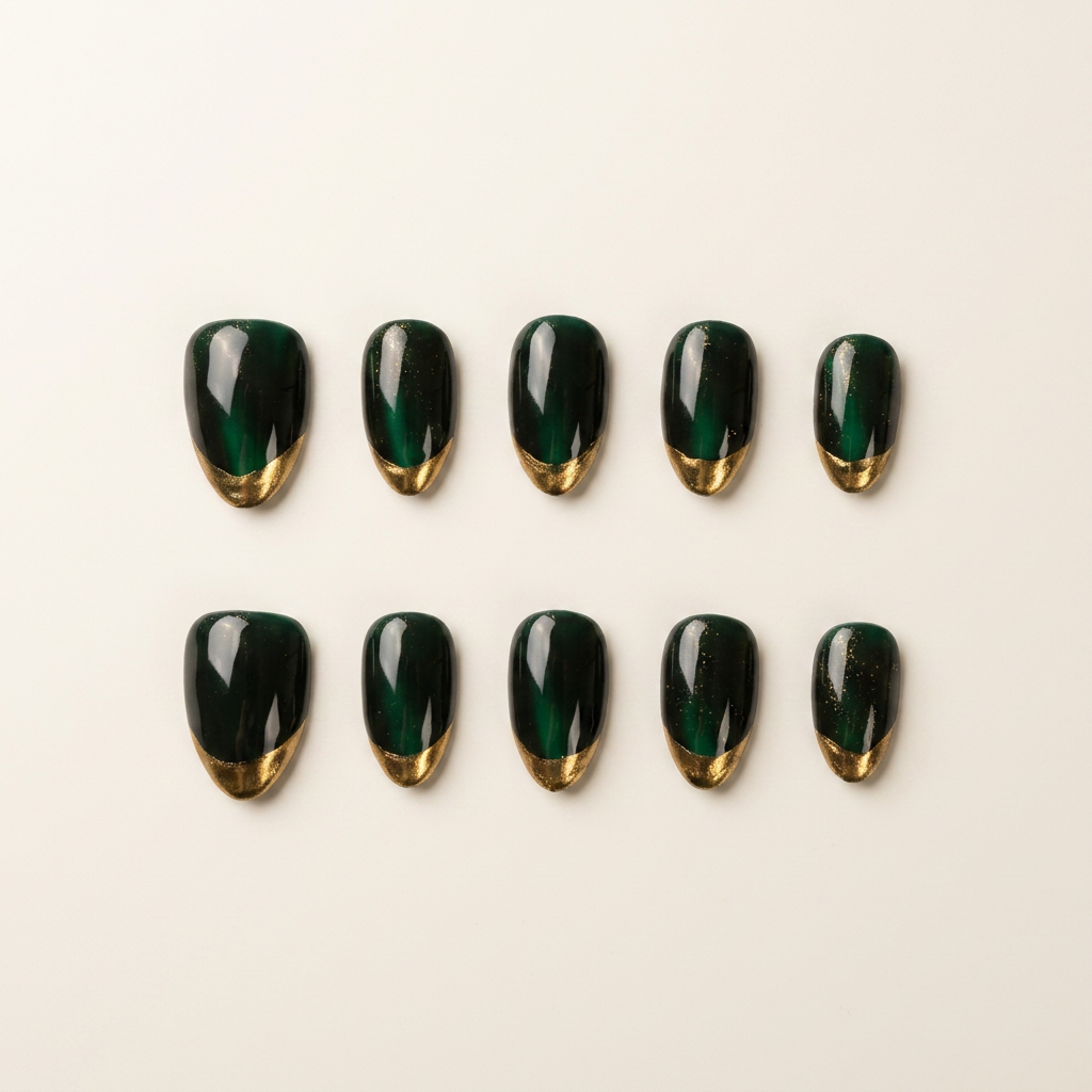 Emerald Green Cat Eye Gold Curved French Tip Press On Nails, Glossy Medium Oval Reusable Luxury Fake Nails For Women