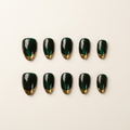 Emerald Green Cat Eye Gold Curved French Tip Press On Nails, Glossy Medium Oval Reusable Luxury Fake Nails For Women
