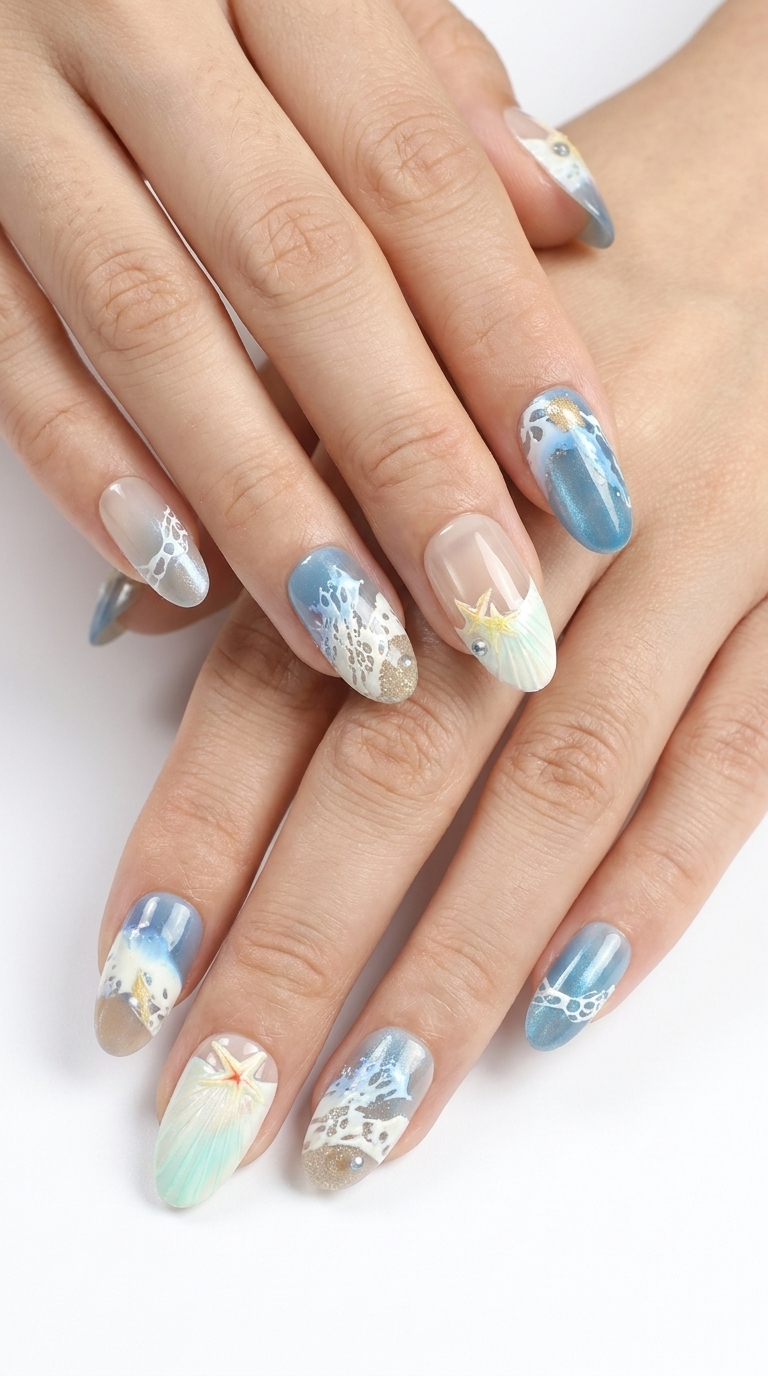 Luxury 3D Ocean Starfish & Heart Press-On Nails, Handmade Summer Blue Fake Nails, Reusable High-End Designer Press Ons for Women, Playful Chic False Nails for Beach & Daily Wear