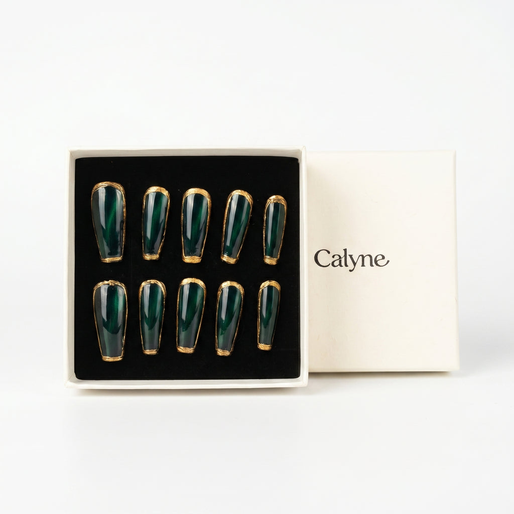 Dark Emerald Green Cat Eye Gold Border Press-On Nails, Glossy Long Coffin Reusable Fake Nails, Luxury Vintage Elegant Press On Nails For Women