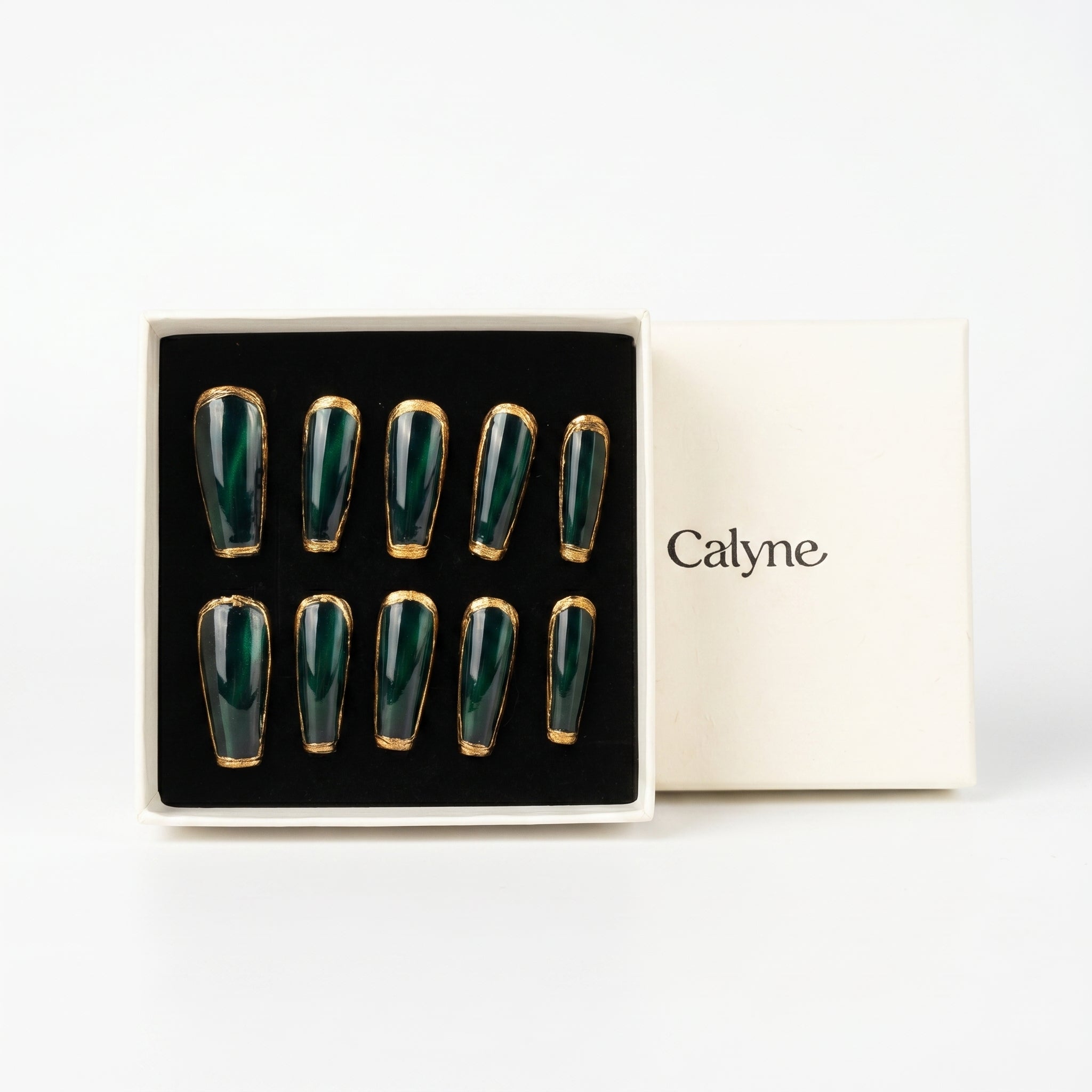 Dark Emerald Green Cat Eye Gold Border Press-On Nails, Glossy Long Coffin Reusable Fake Nails, Luxury Vintage Elegant Press On Nails For Women