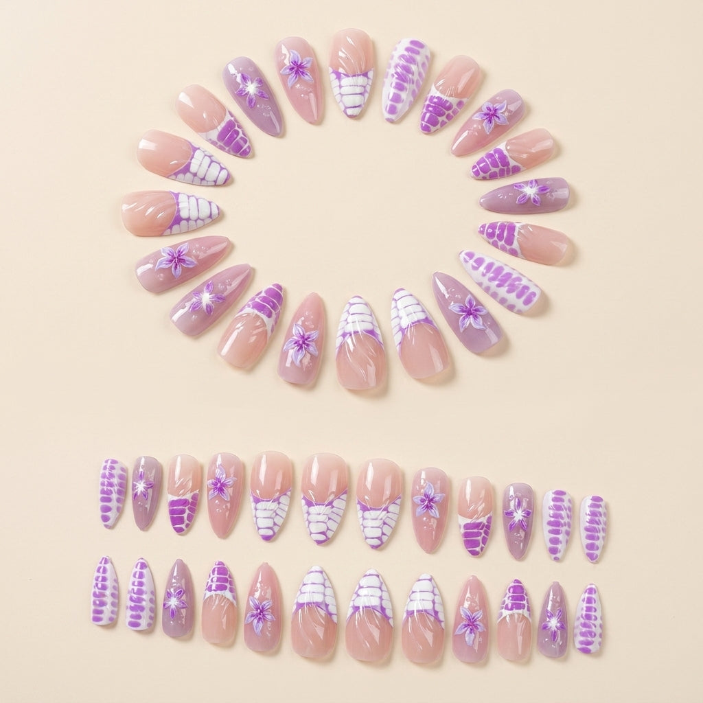 Luxury Purple Snake Print & Flower Press-On Nails, Handmade Nude Edgy Fake Nails, Reusable High-End Designer Press Ons for Women, Bold Chic False Nails for Party & Daily Wear