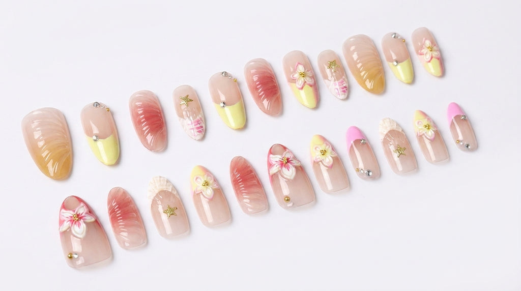 Tropical Plumeria & Shell Press-On Nails | Gold Star Beach