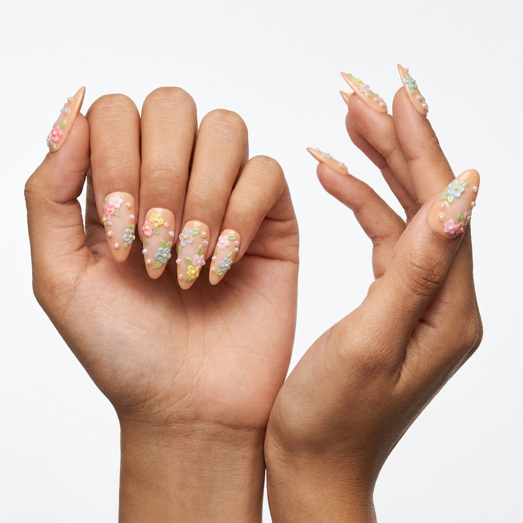 Handmade 3D Floral Press-On Nails | Warm Terracotta & Pastel Bloom