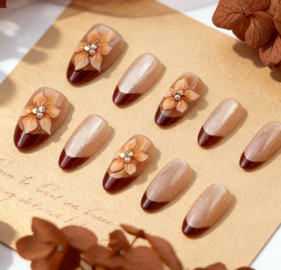 Elegant Nude Orange Floral Press-On Nails | Fall French Art