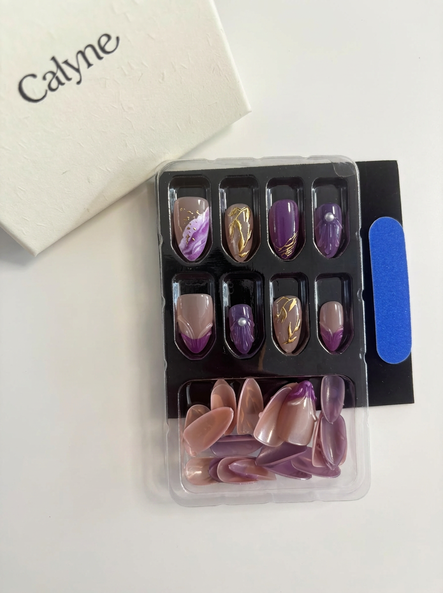 Purple Marble & Gold Foil Press-On Nails | Shell Pearl Detail