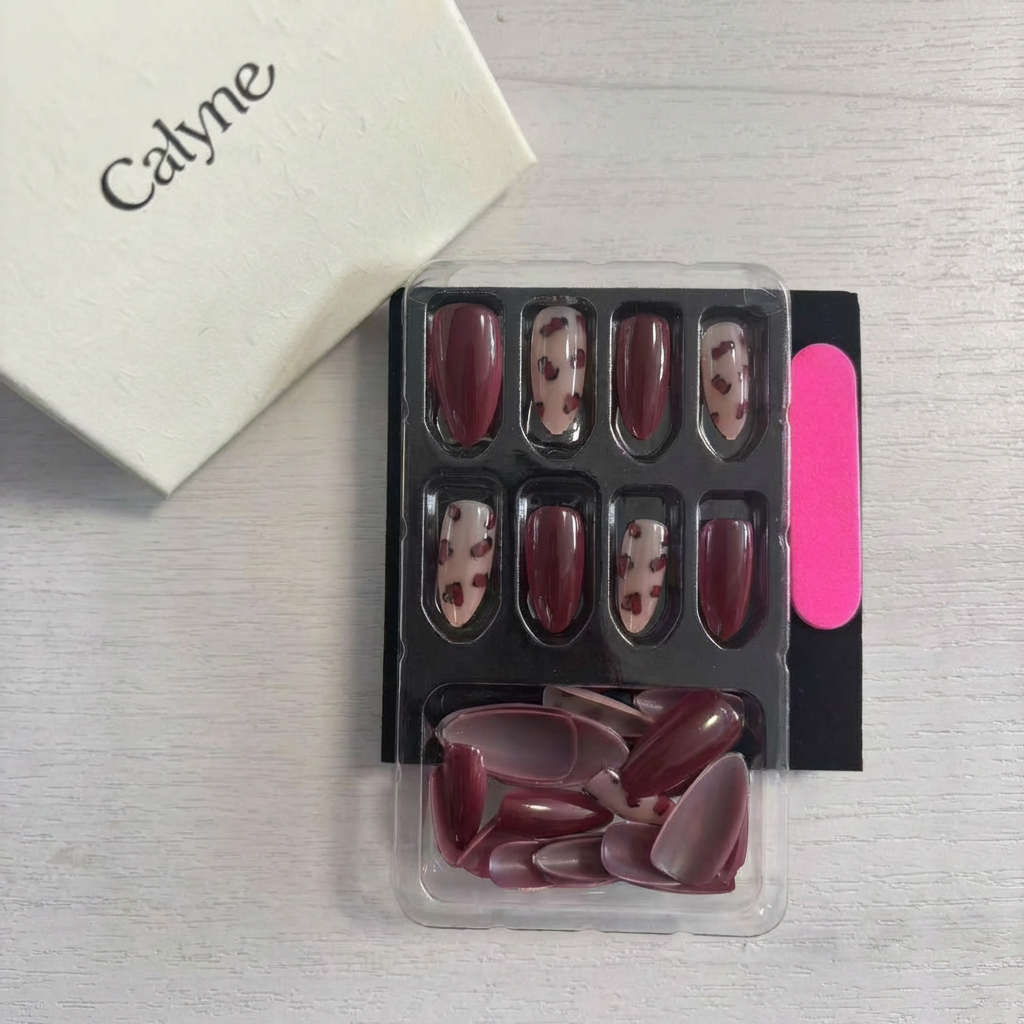 Y2K Wine Red Heart & Leopard Press-On Nails | Sheer Nude
