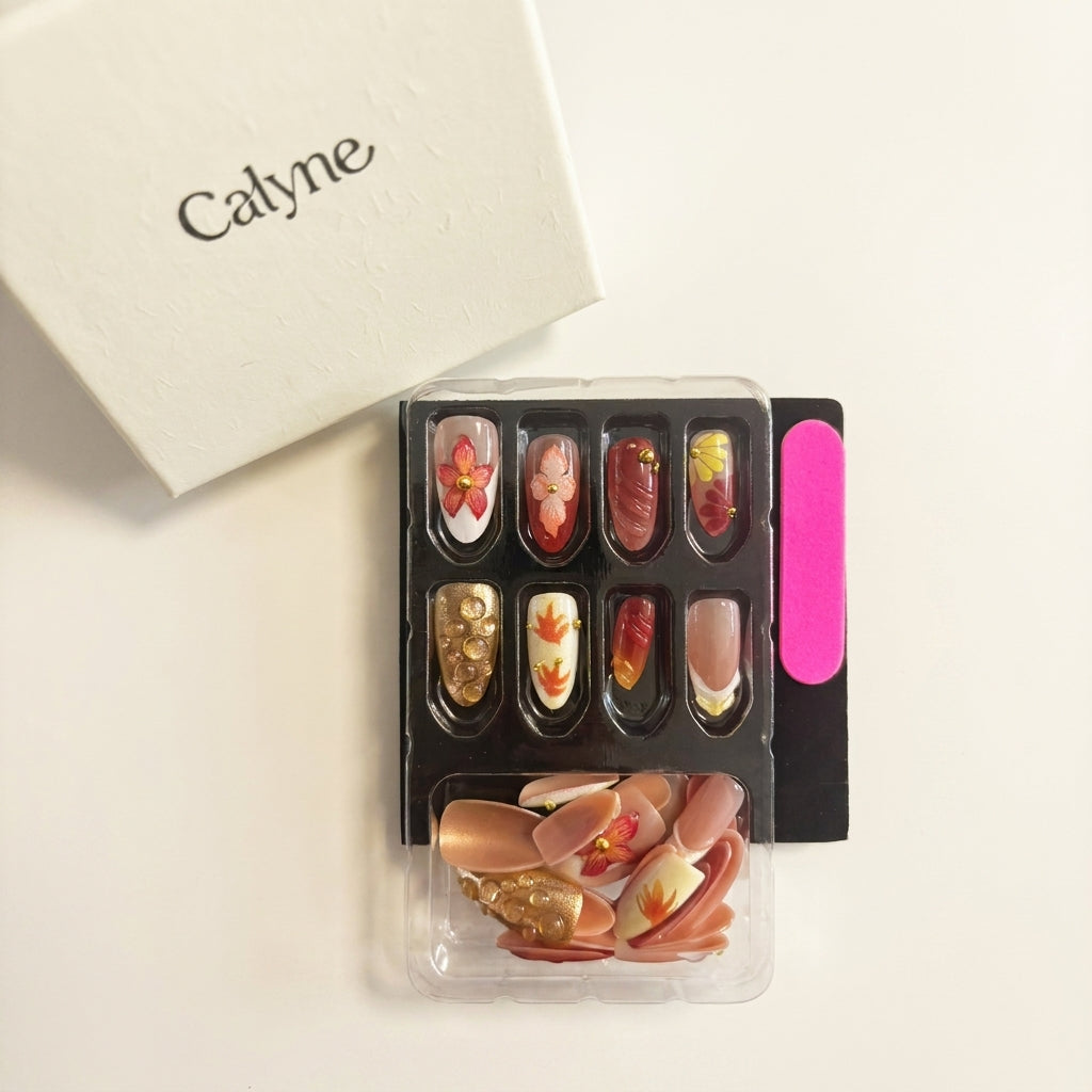 Handmade 3D Autumn Flower Press-On Nails | Red & Gold French