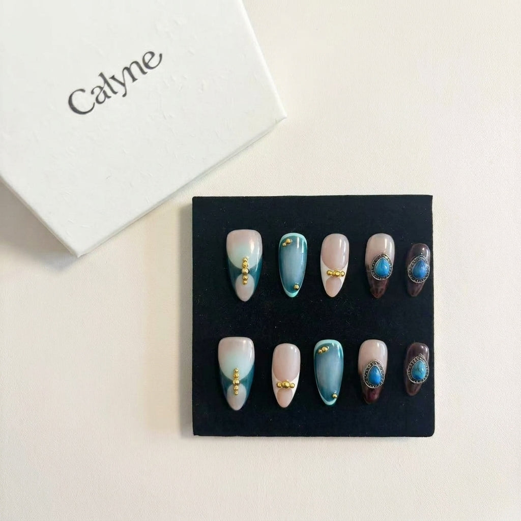 Bohemian Turquoise Gem Press-On Nails | Teal & Brown Gradient