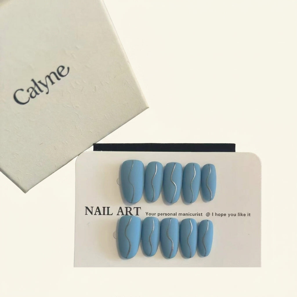 Matte Blue & Silver Line Press-On Nails | Minimalist Elegant