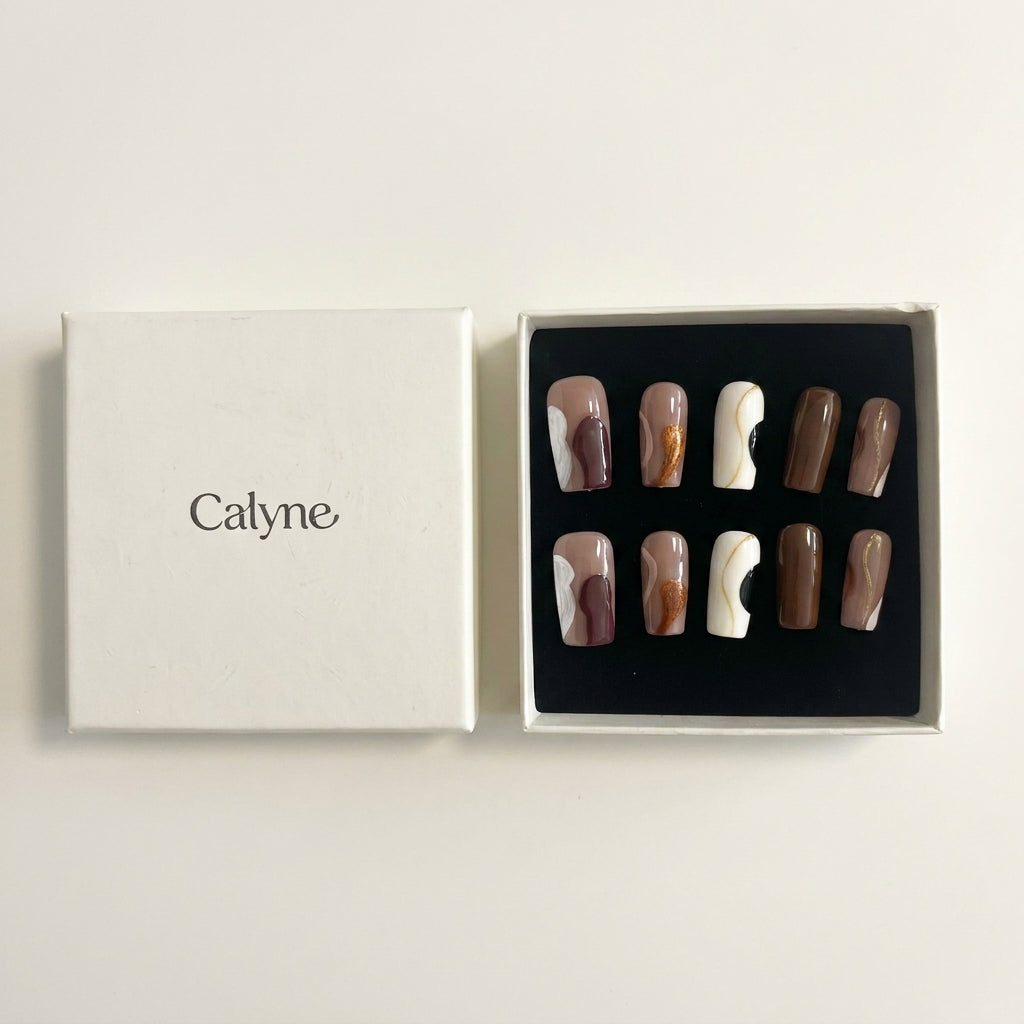 Handmade Abstract Marble Press-On Nails | Chocolate Brown & Cream Gold