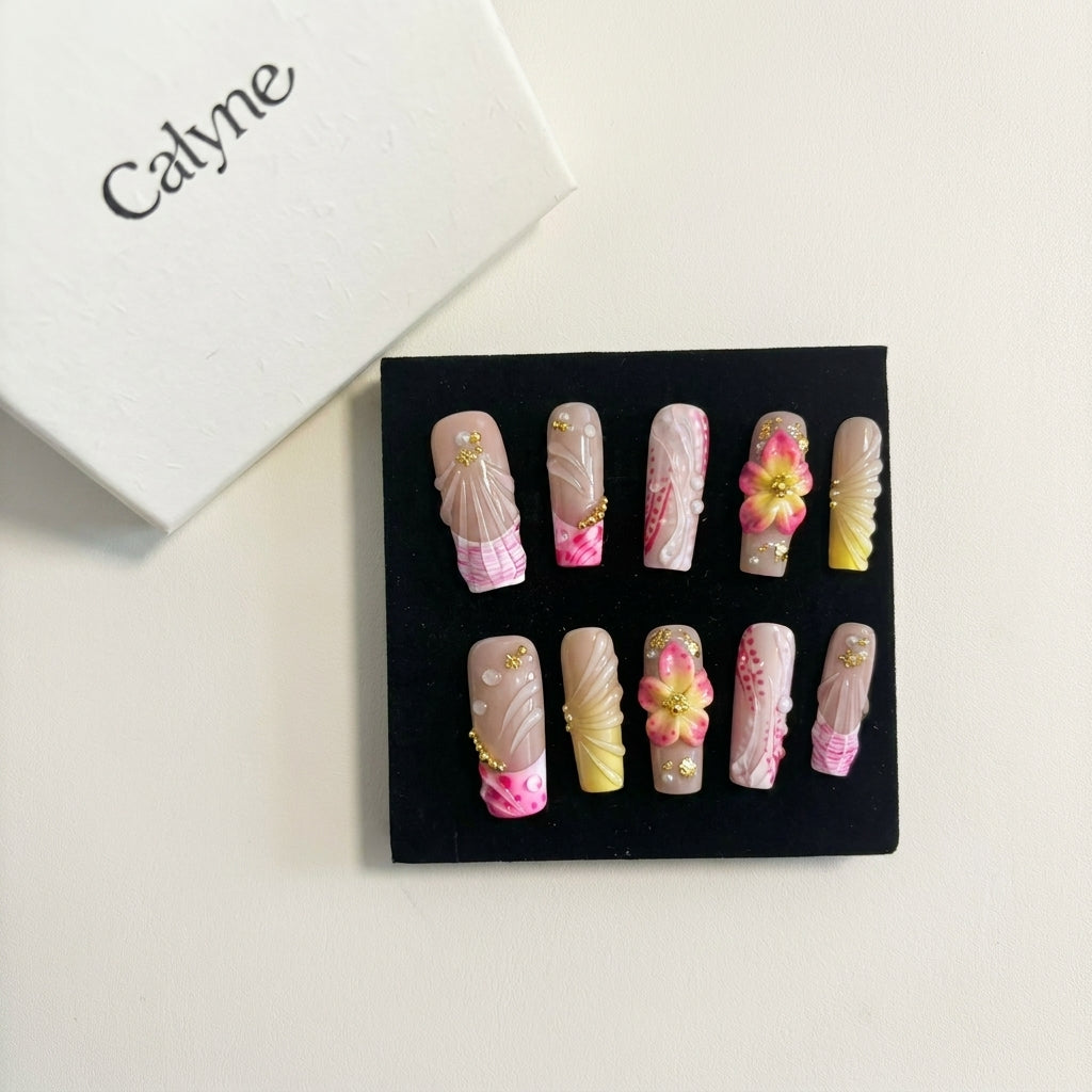 3D Pink Plumeria Press-On Nails | Kawaii Summer Lace