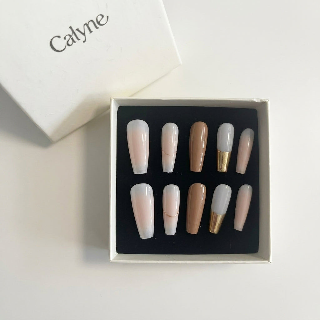Handmade Nude French Press-On Nails | Latte Brown & Gold Tip Coffin