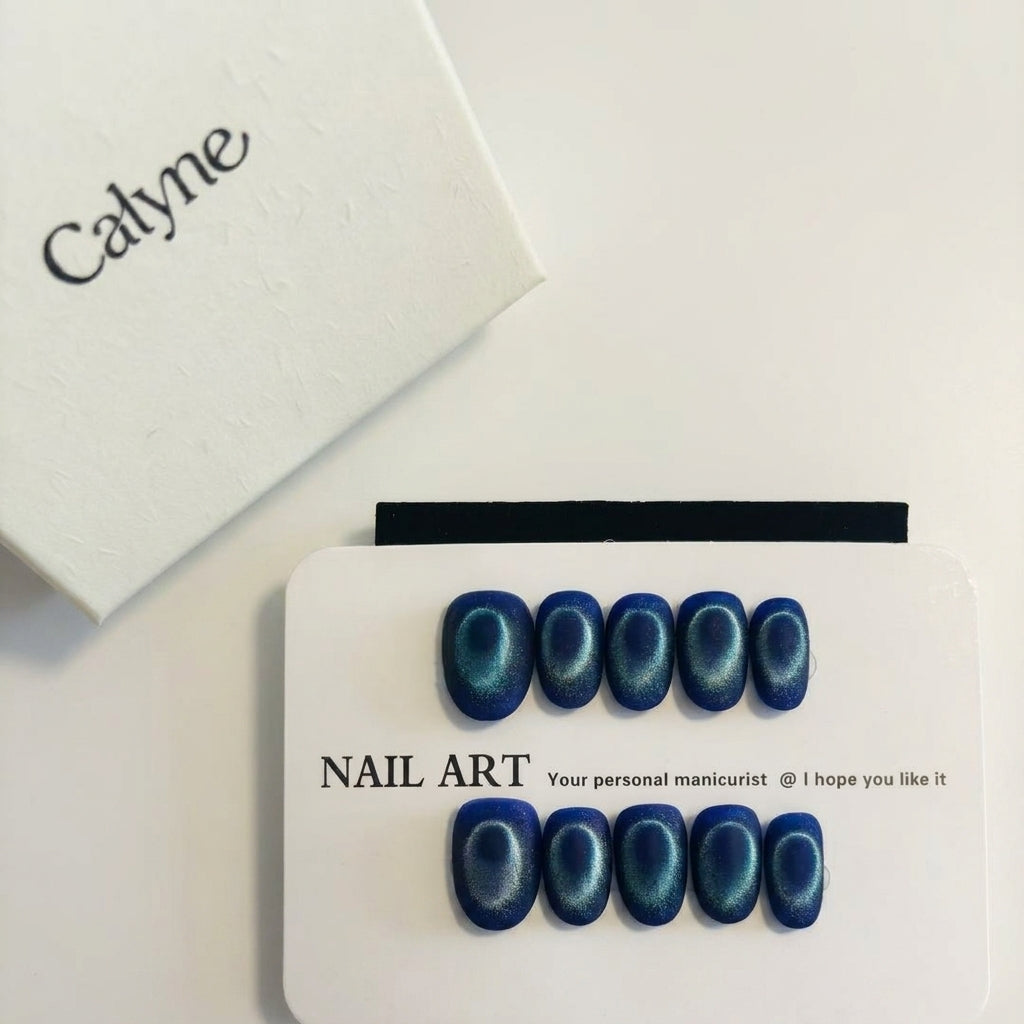 Matte Deep Blue Cat Eye Press-On Nails | Elegant Gradient