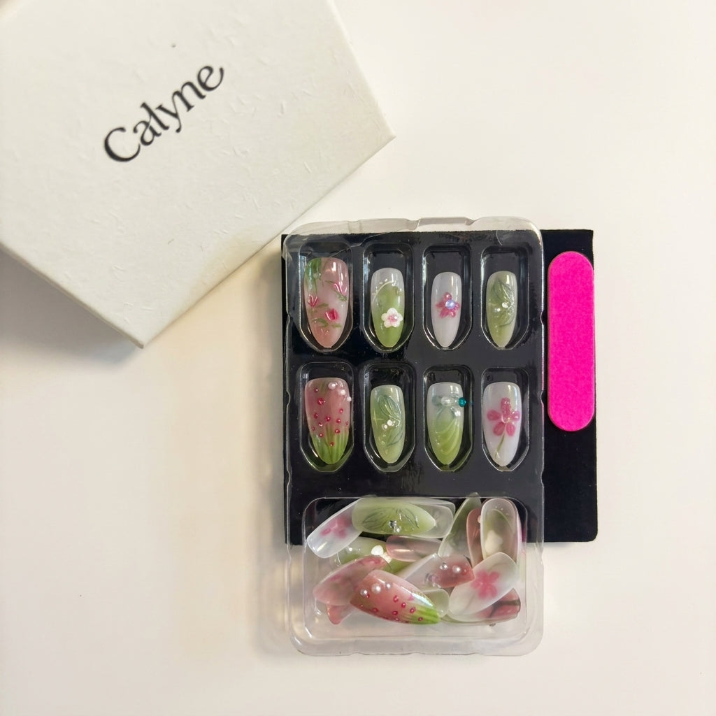 Elegant Floral Nails: Romantic Green & Pink Spring Edition