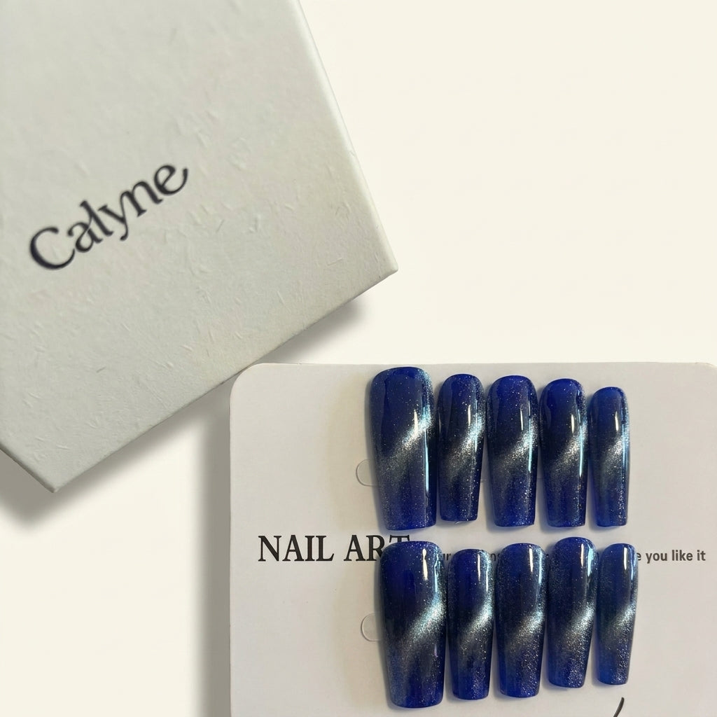 Glossy Deep Blue Cat Eye Press-On Nails | Shimmer Gradient