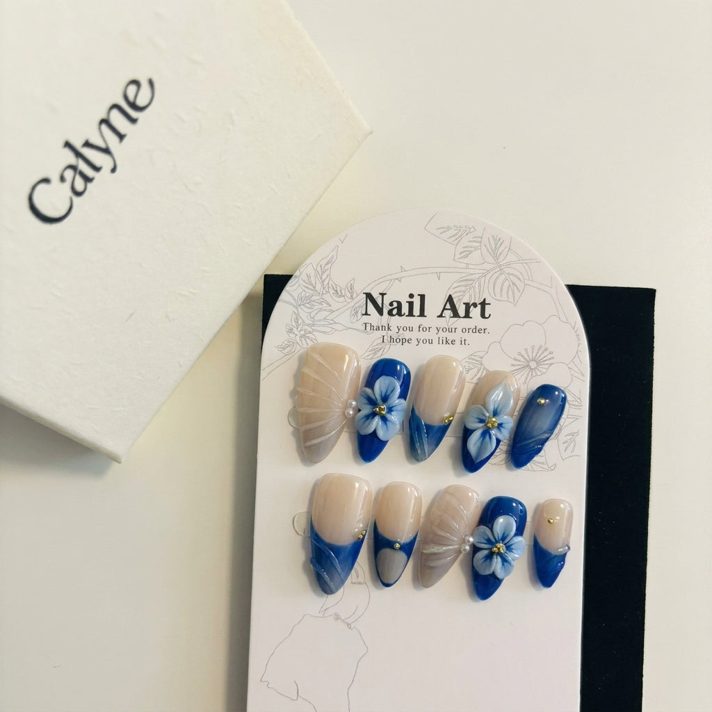3D Iridescent Butterfly Press-On Nails | Blue Floral Art