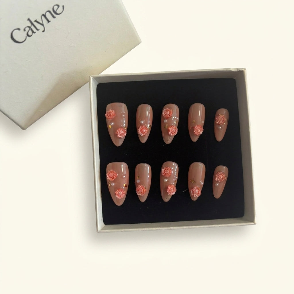 Handmade 3D Rose Press-On Nails | Caramel Brown Sculpted Floral