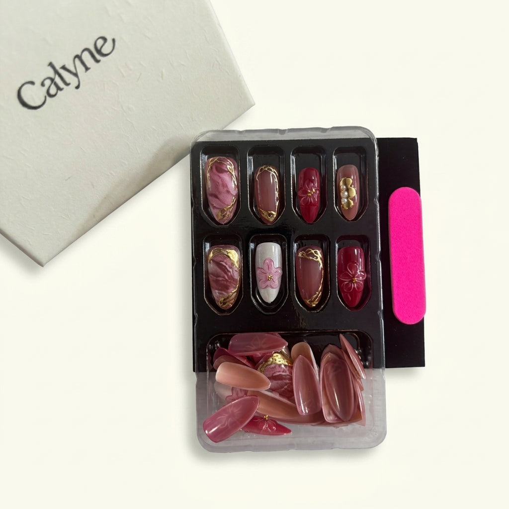 Luxury Pink Sakura Press-On Nails | Gold Edge & Marble